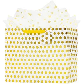 OFIHANLY 16.5" Extra Large Birthday Gift Bag with Handles for Women Men Wedding Bridal Shower Gold Polka Dot Kids Boy Girls Baby Shower Party Paper Bag with Tissue Paper,1Pcs