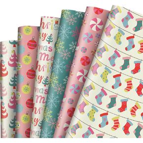 AnyDesign 12 Sheet Christmas Wrapping Paper Pink Blue Xmas Tree Snowflake Candy Cane Gift Wrap Paper Bulk Winter Decorative Art Paper for Birthday Baby Shower, Folded Flat, 19.7 x 27.6 Inch