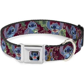 Buckle-Down Seatbelt Buckle Dog Collar - Stitch 6-Expressions Tropical Flora Burgundy Reds/Greens - 1" Wide - Fits 15-26" Neck - Large