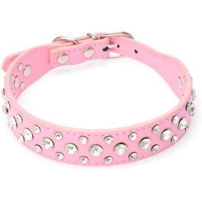 Avenpets 10"-24" Length Custom Leather Small Dog Collar Cat Collar with Crystal Rhinestone Bling(Pink,L)