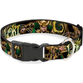 Dog Collar Plastic Clip Loki Poses Black Gold Green 11 to 17 Inches 1.0 Inch Wide