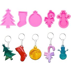 45Pcs Christmas Style Resin Molds Kit - Christmas Tree/Sock/Round Ornament/Snowman/Crutches Shape with Hole Keychain Pendant Silicone Mold Epoxy Casting Mould with Keychains for DIY Christmas Gift