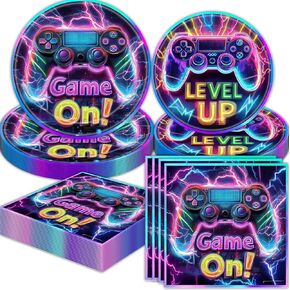 Video Game Party Decorations Game On Birthday Party Tableware Include Game Plate and Napkin Neon Glow Video Gaming for Boys Birthday Party Decorations Serves 16 (Game)