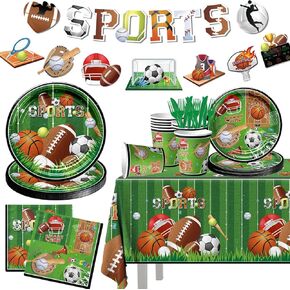 Sports Themed Party Supplies, 142pcs Including Soccer, Basketball Plates, Cups, Napkins, Tablecloth & Banner for All Star Birthday Decorations (Serves 20, Green Lawn Design)