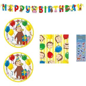 Curious George Party Supplies Decoration Bundle Pack for 16 includes Dessert Plates, 16 Napkins, 1 Happy Birthday Banner, 1 Dinosaur Stickers