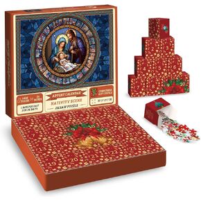 Nativity Scene Jigsaw Puzzle Advent Calendar Puzzles for Adults 1000 Pieces, Christmas Countdown Jigsaw Puzzles, Stained Glass Religous Puzzle Jesus Christian Puzzles for Home Decor