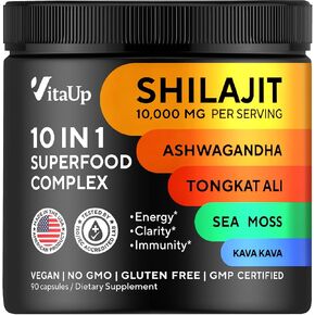 Shilajit for Men and Women 10 in 1 Complex - USA Made Shilajit for Women with Tongkat Ali, Ashwagandha, Magnesium - Pure Shilajit and Sea Moss Combo for Energy & Brain - 90 Shilajit Capsules