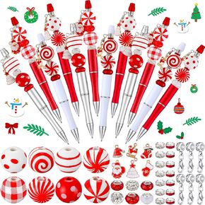 Fuutreo 12 Pcs Christmas Beadable Pens Kit Silicone Plastic Wooden Beaded Pens Candy Beads Pen Snowmen Santa Bead Ballpoint Pen Black Ink for Students Kids Teacher School Making DIY(Plastic) in Kuwait