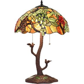 Bieye L10765 Grape Tiffany Style Stained Glass Table Lamp with Tree Trunk Mosaic Base for Living Room Bedside Home Decoration, 24-inches Tall