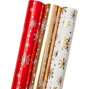 LDGOOAEL Mini Short Christmas Wrapping Paper Roll with Cut Lines on Reverse (17" X 120" Per Roll) - Red & Gold & White Gold with Metallic Shine