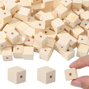 100Pcs Unfinished Wood Craft Cubes 0.6 inch Wooden Blocks with Holes Square Spacer Beads for Crafts DIY Projects