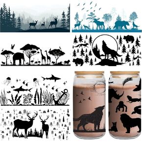 UV DTF Cup Wrap Sticker - 8 Sheets Animal UV DTF Transfer for 16 OZ Glass, Black Forest Style, Wolf, Deer, Giraffe, Elephant, Shark Design Rub on Transfer, Gifts for Students, Adults