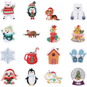 16pcs Winter Themed Iron On Patches, Reindeer Snowflake Christmas Sew On Embroidered Applique Cute Animals Repair Patches DIY Craft Accessories for Clothing Jacket Backpack Hat Shoes