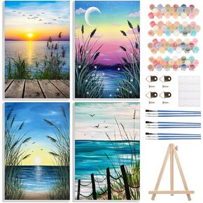 4 Pack Paint by Numbers Kits for Adults Beginners Framed Canvas, Sunset Seascapes Adult Paint by Number Kit with Easel, Landscapes Painting by Numbers for Beginners, Arts and Crafts for Decor 8x12inch