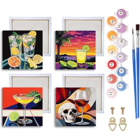 Ginfonr Framed Paint by Numbers Kit for Adults, Wine Glasses Acrylic Painting on Canvas, Scenery Oil Painting for Beginner with Brushes, Adults Paint-by-Number Kits for Home Wall Decor (4 PCS 8x8inch)