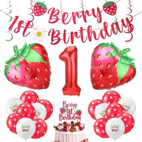 27 Pcs Berry First Birthday Decor, Sweet One Birthday Party Decorations Strawberry First Birthday Decorations Strawberry Hanging Banner Swirl Cake Topper for Baby Girls Party Supplies