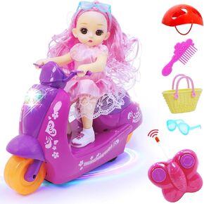2.4G Remote Control Car for Girls,Lights Music Motorcycle Pink Simulation Doll RC Tricycle with Helmet,Sunglasses,Princess Bag and Comb Accessories for 3 4 5 6 7 8 Year Kids Birthday Gifts