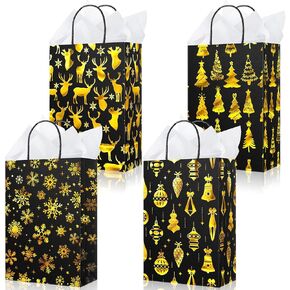 Silkfly 50 Pack Small Christmas Gift Bags Bulk with 50 Tissue Paper, Kraft Paper Metallic Candy Goodie Bags Winter Snowflake Party Favors Bag for Xmas Holiday Birthday Party Supplies(Black Gold)
