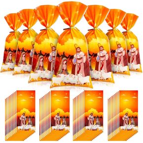 120 Pieces Holy Nativity Cellophane Treat Bags Religious Plastic Gift Bag with Gold Ties Xmas Nativity Goody Bag for Kids Birthday Christmas Party Decoration Supplies, 5 x 11 Inches (Stylish Style) in Kuwait