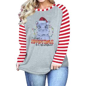 ASTANFY Women I Want A Hippopotamus for Christmas Hippopotamus Baseball T-Shirt Christmas Plus Size Shirts Long Sleeve Shirt