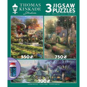 Ceaco - 3 in 1 Multipack - Thomas Kinkade - Clocktower Cottage - 550, 750, 700 Piece Panoramic Jigsaw Puzzles