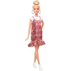 Barbie Fashionistas Doll #142 with Blonde Updo Hair Wearing Pink & Golden Plaid Dress, White Sneakers & Earrings, Toy for Kids 3 to 8 Years Old