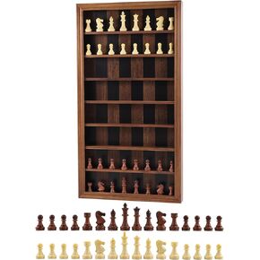 Giant Wall Mounted Board Game Wooden Chess Game Set with A Complete Set of Carved Chess Pieces Vertical Display Cabinet for Home Games Hanging Art Home Decoration (Burnt Color)