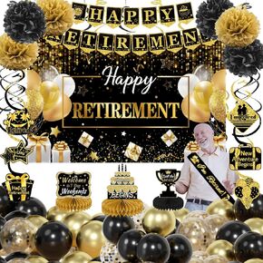 88pcs Happy Retirement Party Decorations for Men Women, Black Gold Balloons, Happy Retirement Banner & Backdrop, Honeycomb Centerpiece Hanging Swirl Paper Pompoms Retired Sash