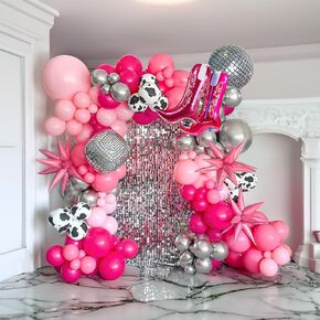Cow Girl Balloon garland arch Kit 118PCS with Hot Pink Silver Cow print mylar Disco Ball Star boots Balloons for girl Pink birthday Princess Party farm theme 80s 90s disco music decorations