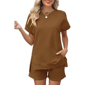 LOMON Womens Fashion 2 Piece Outfits Sweatsuits Short Sleeve Summer Loungewear Tracksuit Round Neck Lounge Shorts Sets