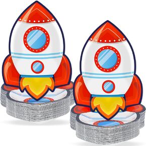 50 PCS Rocket Ship Paper Plates for Outer Space Birthday Party Supplies Disposable Solar System Themed Party Dessert Plates Starry Night Baby Shower Party Galaxy Birthday Themed Decoration Kids