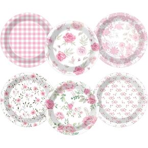 48Pcs Floral Paper Plates Pink Rose Party Decoration Disposable Vintage Flower Party Dinnerware Tableware Set Tea Party Dinner Plate for Birthday Wedding Baby Shower Party Supplies 7in