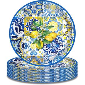 24 pcs 7" Lemons Paper Plates Tiles Lemons Party Platters Lemon Party Plates Supplies Capri Lemon Disposable Dinner Paper Plates Blue and White Porcelain Lemon Theme Party Plates for Lemon Party Decor