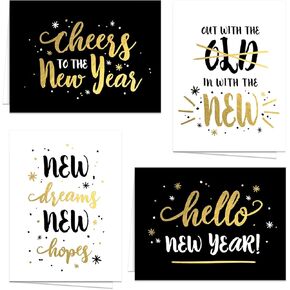 Modern Black And Gold New Year Greeting Cards / 24 Cards With White Envelopes / 6 1/4" x 4 5/8" Faux Foil Holiday Cards