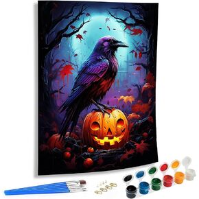 SKRYUIE Paint by Numbers Kit for Adults Beginner Crow, Acrylic Halloween Oil Painting by Numbers Kits with PaintBrushes Paintwork Art Crafts Canvas for Home Decor 16x20 inch c17
