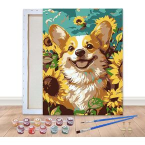 Bimkole Framed Paint by Numbers Kit for Adults Sunflower Dog, DIY Oil Painting Kit on Canvas with Paintbrushes and Acrylic Pigment, for Paint by Numbers Beginner, for Home Wall Decor 8x12inch/20x30 cm