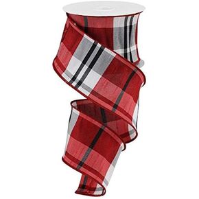 Plaid Faux Dupioni Wired Edge Ribbon - 2.5 Inch x 10 Yards (Red, White, Black)