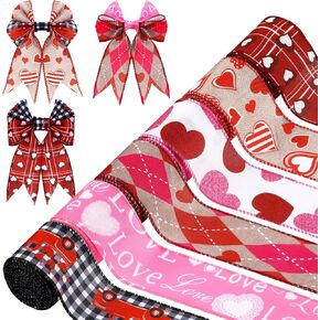 30 Yards Valentine's Day Ribbon Wired Edge Ribbon Hearts Love Burlap Ribbon Plaid Checkered Truck Ribbon for Christmas Wreath Party Craft Wedding Wrapping Wreath Bows Crafts Decor