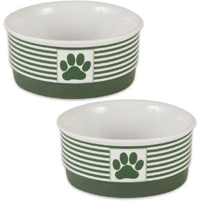 Bone Dry Ceramic Paw Print Striped Pet Bowls for Dogs & Cats Non-Slip Bottom for Secure Feeding, Microwave & Dishwasher Safe, Hunter Green, Small Bowl Set, 4.25x2, 2 Count