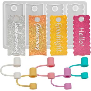 CKANDAY Name Plate Resin Molds for Stanley Cup Lid, with 5 Pcs Silicone Straw Covers, 4 Cavities Name Tag Molds for Resin Casting, DIY Personalized Custom Name Plates for Stanley 40oz and 30oz