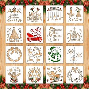 16Pcs Christmas Stencils, Reusable 6" Christmas Holiday Template for Painting on Wood Window Door Wall, Plastic Drawing Painting Spraying Template for Greeting Cards, Xmas Crafts DIY Decor