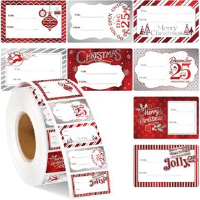 300PCS Christmas Gift Tags Stickers, 2"x3" Self-Adhesive Christmas Name Tags Stickers Labels for Gifts, Red Silver Foil Xmas Holiday Present Tags for Wrapping Christmas New Year Gift Bags Boxes Decors