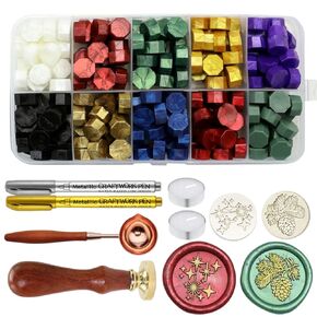 Christmas Wax Seal Kit, 2pcs Pinecone & Star Wax Seal Stamp Kit with 10 Colors Bulk Wax Seal Beads 200pcs, Sealing Wax Spoon, Metallic Pens, Christmas Card for Letter Sealing, Gift Décor