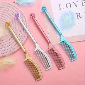 Creative Cute Synthetic Rhinestone Decorated Comb-Shaped Gel Pen Suitable For Students Back To School Gift Party Gift 0.5mm Gel Pen, Back To School, School Supplies, Writing Pens(4pcs)