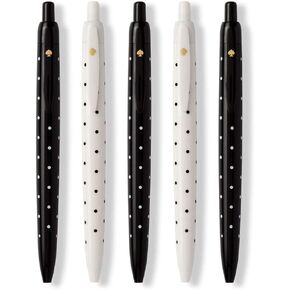 kate spade new york Black Ink Pen Set of 5, Polka Dot Retractable Pens, Cute Plastic Click Pens, Black Dots