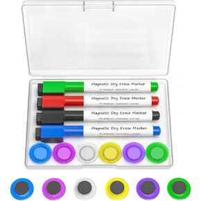 MaxGear 4 Dry Erase Markers with 6 Strong Magnets, Valuable Accessories Package for Glass White Board and Normal Dry Erase Board, 3 cm Round Colored Magnets for Classroom, Refrigerator, Office, Home