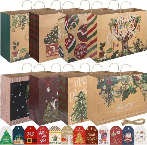 woric 16 Extra Large Christmas Gift Paper Bags with Handles, 48 Christmas Gift Tags, 20x15x7 Inch Large Xmas Gift Bags for Wrapping Presents Party Supplies Stocking Stuffers in Saudi Arabia