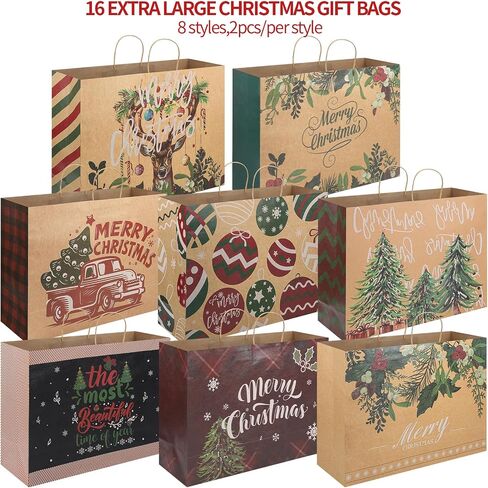 woric 16 Extra Large Christmas Gift Paper Bags with Handles, 48 Christmas Gift Tags, 20x15x7 Inch Large Xmas Gift Bags for Wrapping Presents Party Supplies Stocking Stuffers in Saudi Arabia