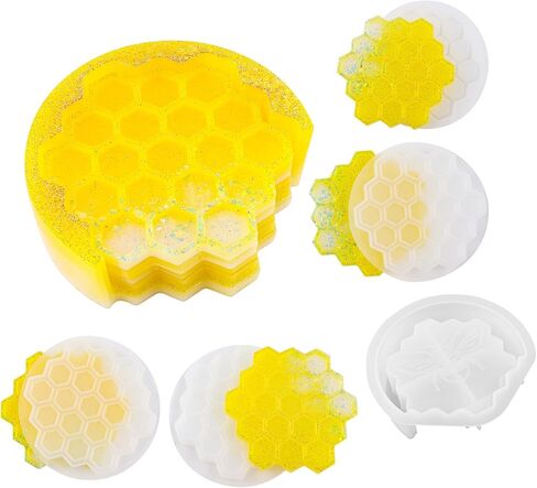 Framendino, 5 Pack Honeycomb Coaster Silicone Resin Molds Set with Organizer Box Silicone Bee Epoxy Resin Coaster Making Kit Molds Tray for DIY Resin Crafts Coffee Cup Tray Cup Mats Home Decoration in Saudi Arabia