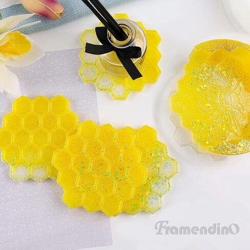 Framendino, 5 Pack Honeycomb Coaster Silicone Resin Molds Set with Organizer Box Silicone Bee Epoxy Resin Coaster Making Kit Molds Tray for DIY Resin Crafts Coffee Cup Tray Cup Mats Home Decoration in Saudi Arabia
